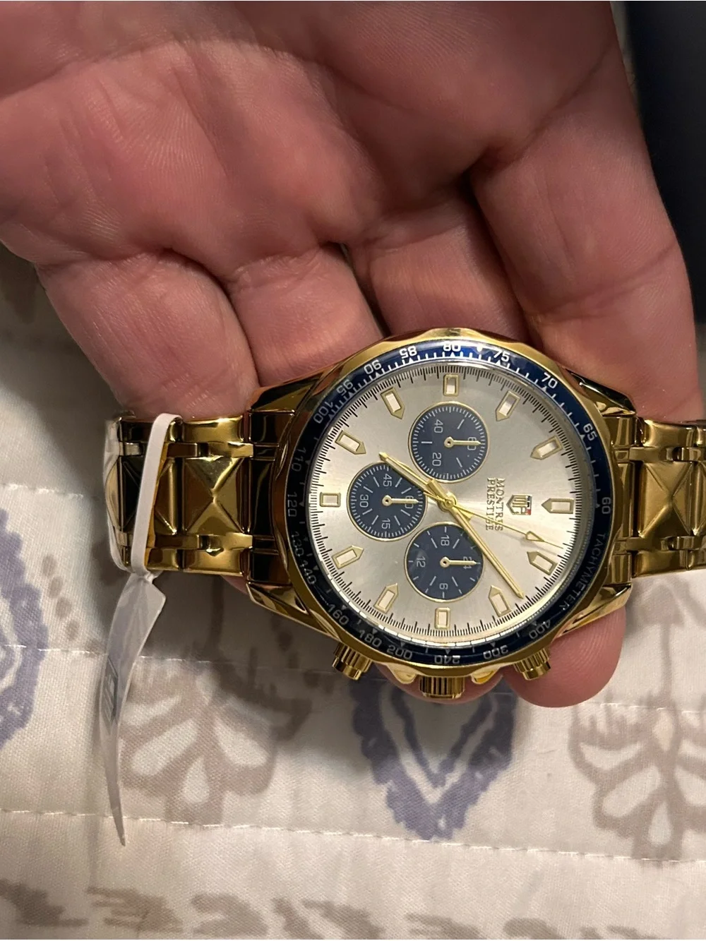 Gold Men's Chronograph Watch with Blue Accents